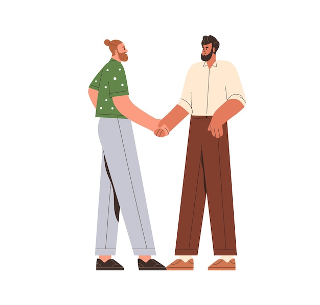 Two men shaking hands, greeting each other. Friends handshake. People partners colleagues smiling, standing and gesturing, thanking, respecting. Flat vector illustration isolated on white background