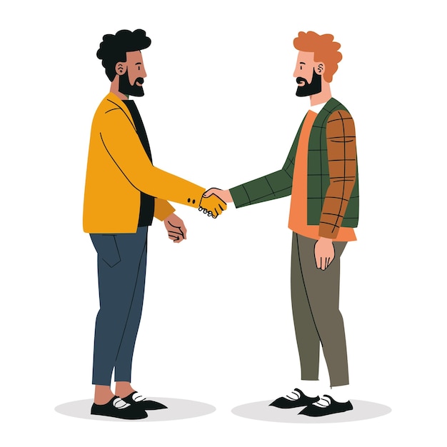 Vector two men shaking hands one curly hair beard wearing yellow jacket straight hair beard