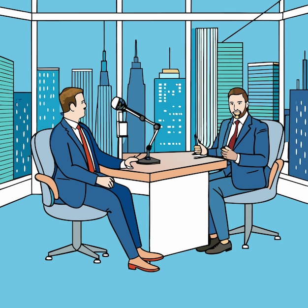 Vector two men sit at a desk in a room with a city skyline in the background