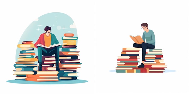 two men sit among a pile of books and one reading a book