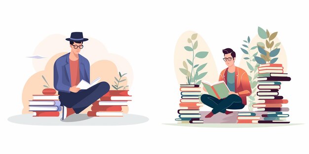 Vector two men sit on a stack of books one reading a book