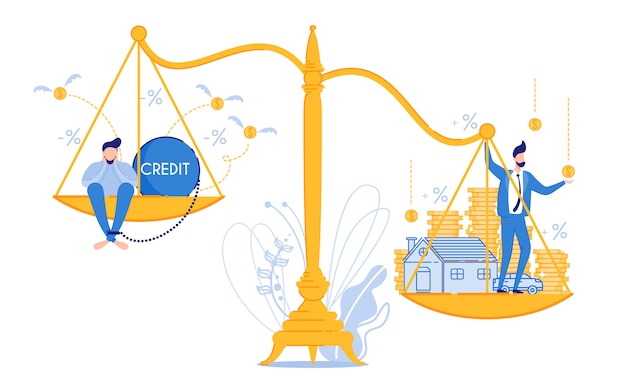 Two Men Stand on Scales. Loan and Successful Plan.