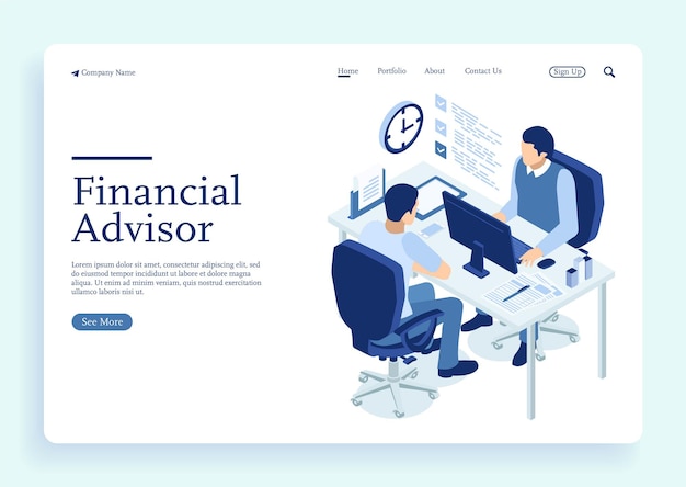 two mens discuses about financial advisor concept banner with characters