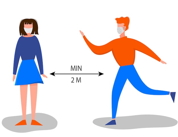 Two meter safe distance between people during Coronavirus 2019nCoV outbreak isolated on a white background Pandemic epidemiology concept Vector flat illustration