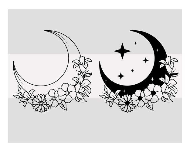 Vector two moon and flowers on a gray background