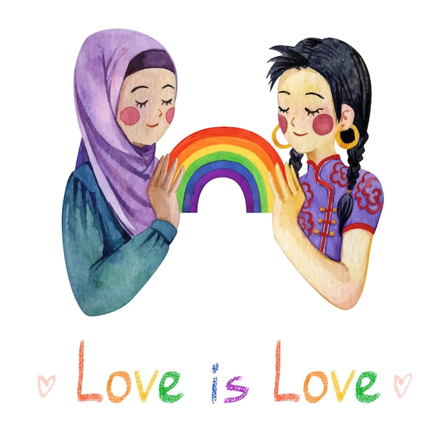 Two multicultural girls with LGBT community rainbow symbol watercolor clipart isolated on white