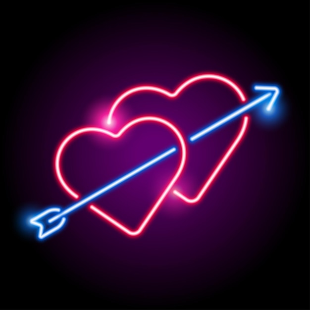 Two neon hearts with an arrow on a dark background