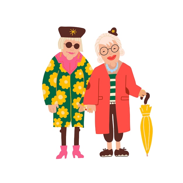 Two old ladies wearing qute fashomable clothes cute funny elder female charactersin bright coats act...