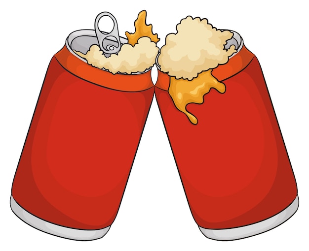 Two opened beer cans toasting spilling liquid and froth in cartoon style