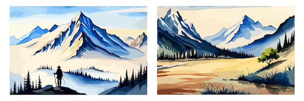 Two paintings of mountains and a river in the distance.