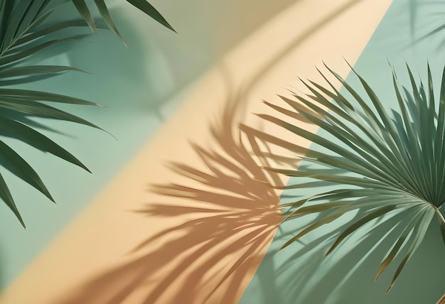 Vector two palm leaves on a background with pastel green and orange colors the leaves cast shadows on the background