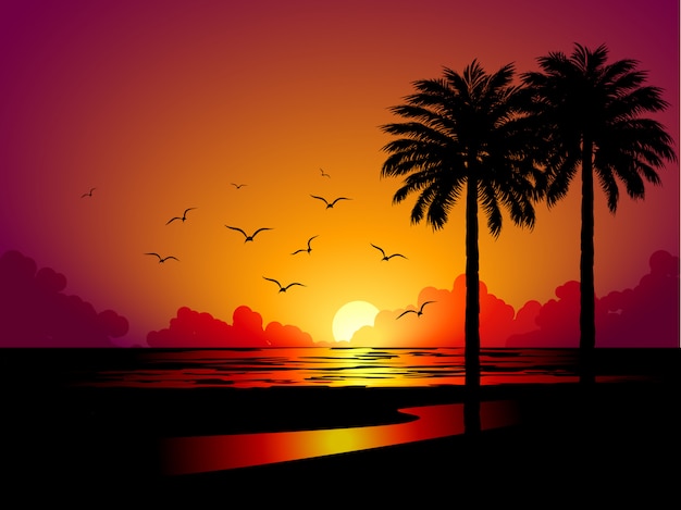 two palm trees at beach sunset