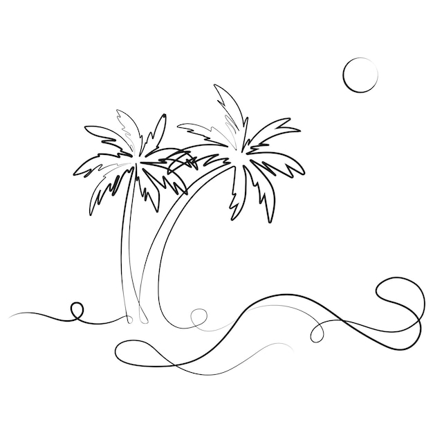 Two palm trees and sea waves One line drawingAbstract tropical landscape linevector