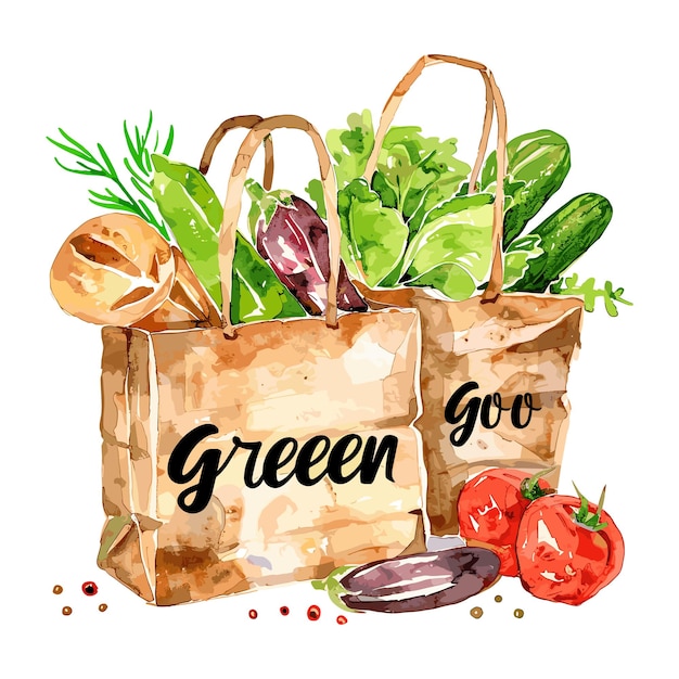 Two paper bags with vegetables and the words Green and Goo on them