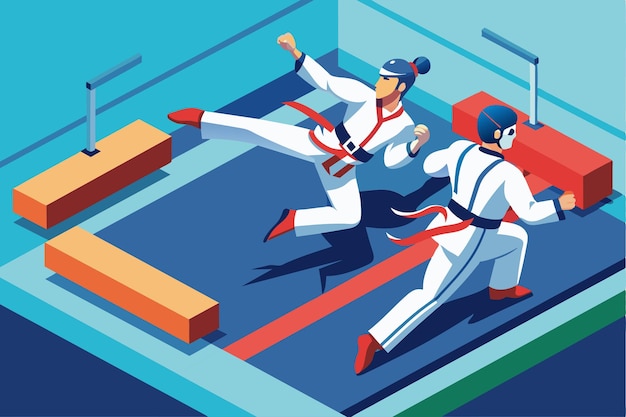 Vector two paralympic taekwondo athletes engage in sparring practice within a training studio setting paralympic taekwondo customizable isometric illustration