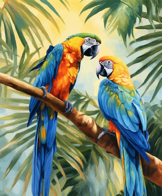 Vector two parrots are perched on a branch with flowers in the background