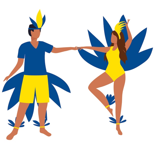 Two people are dancing on carnival.   Man and woman in carnival costume dancing in blue and yellow