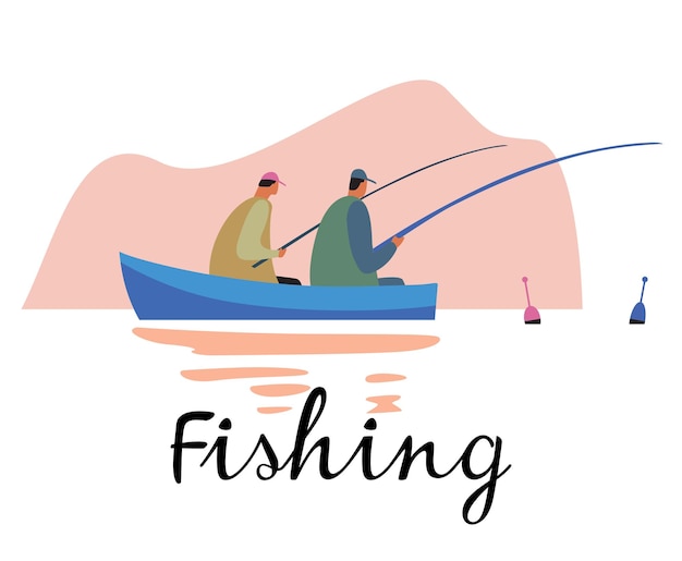 Two people are fishing in a boat Lettering Fishing