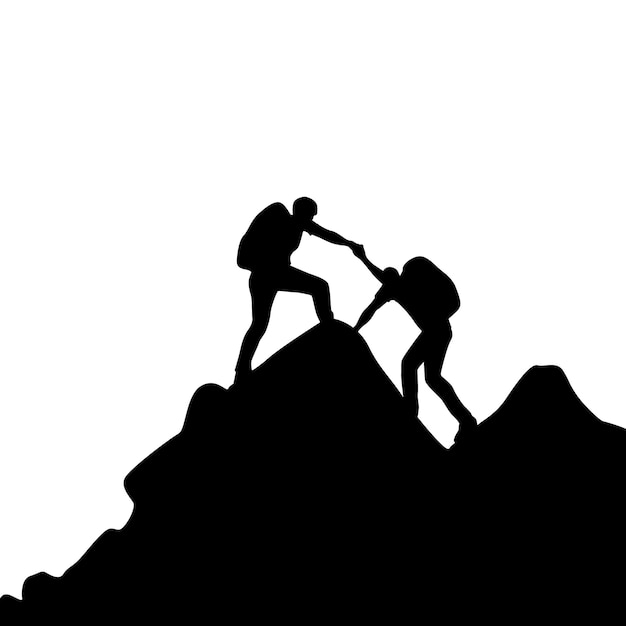 Two people climbing on mountain and helping silhouette