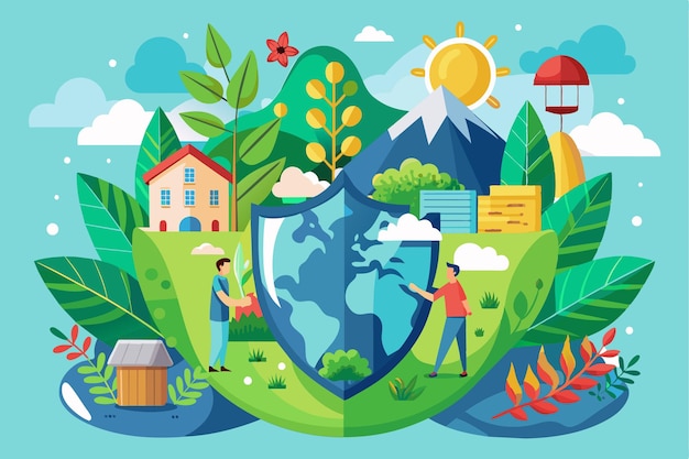 Two people collaborate to protect the planet surrounded by nature and colorful elements symbolizing sustainability Protecting the environment Customizable Semi Flat Illustration