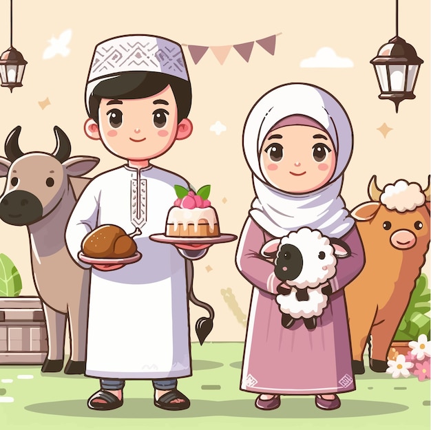 two people holding food with a cow and a cow and a cow in the background