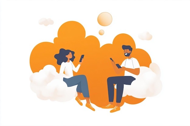 Vector two people holding phones talking