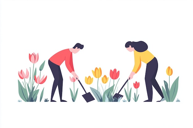 Vector two people planting flowers