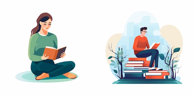 Vector two people sit on a bench and read a book