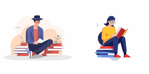 Vector two people sit on books one of which is wearing a hat and the other reading a book