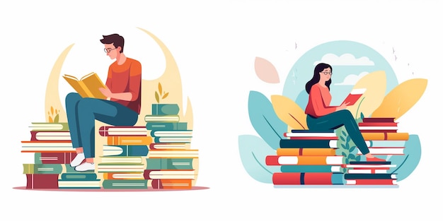 two people sit on a couch and look at a stack of books