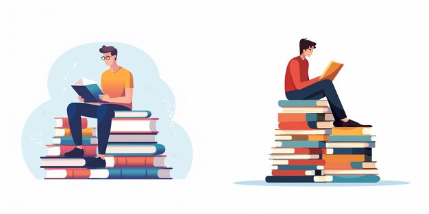 Vector two people sit on a stack of books one reading a book