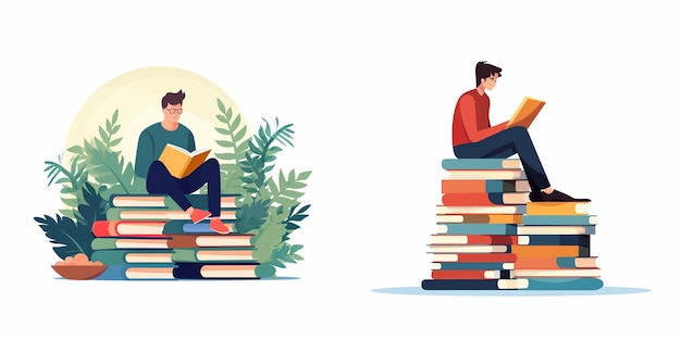 Vector two people sit on a stack of books one reading a book