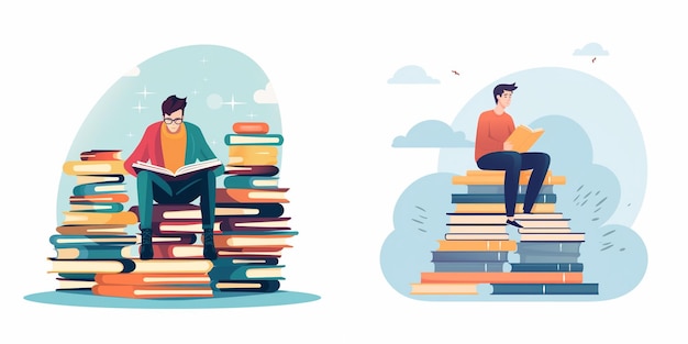 two people sit on a stack of books one reading a book