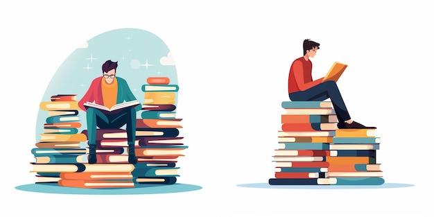 two people sit on a stack of books one reading a book