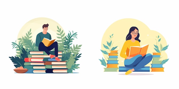 Vector two people sit on a stack of books and one reading a book