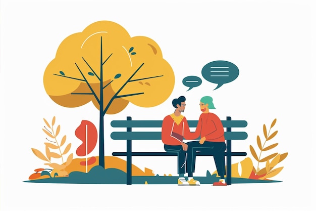 Two People Sitting On Bench And Having A Conversation