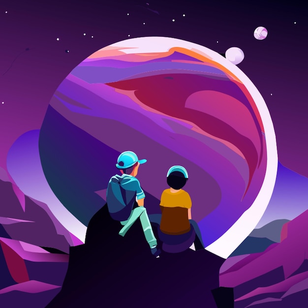 Vector two people sitting on a rock in outer space looking at a planet vector illustration