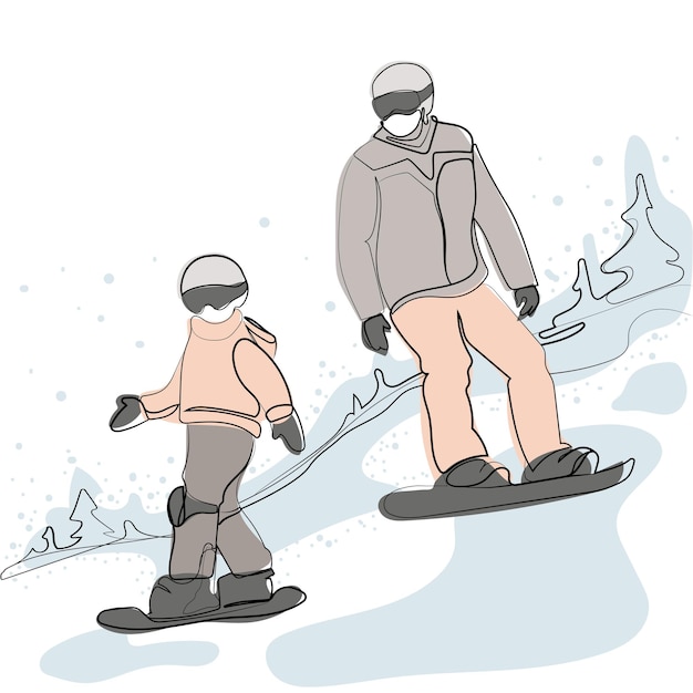 Two people on snowboards ride on mountain hills Minimal art line drawing.Vector