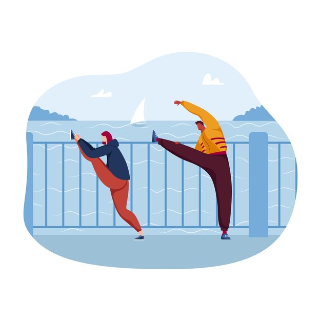 Vector two people stretching by the sea one taking a selfie casual exercise and modern lifestyle near water