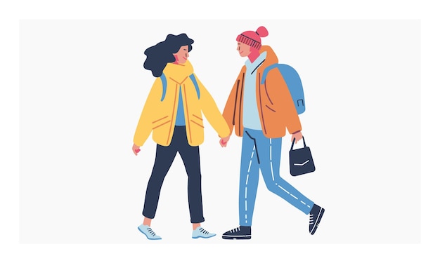 Vector two people walking holding hands casual winter clothing modern style friends enjoying stroll