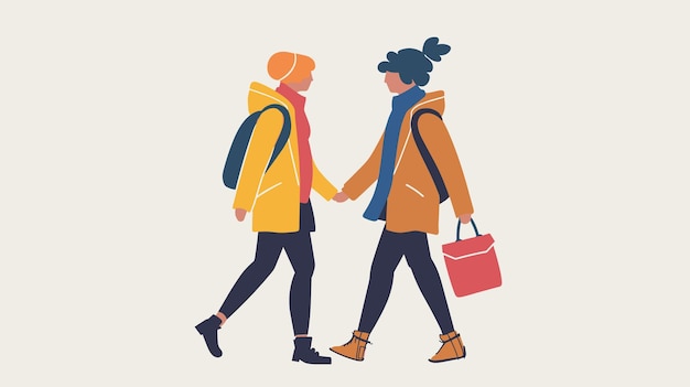 Vector two people walking together holding hands casual winter attire boots coats backpack