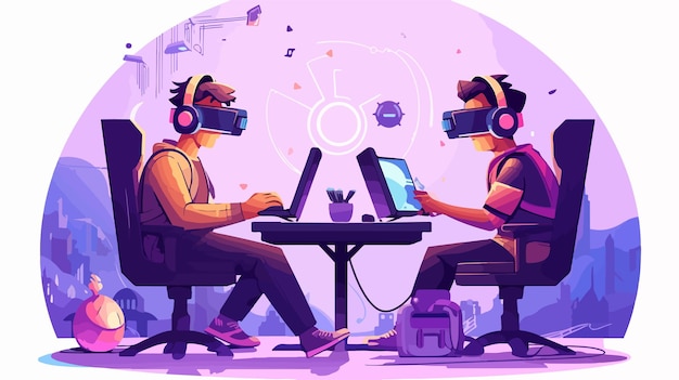 Vector two people wearing virtual reality headset sit at a table with a laptop and a cup of coffee