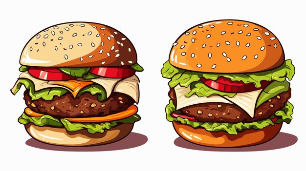 Vector two pictures of two burgers with cheese and lettuce