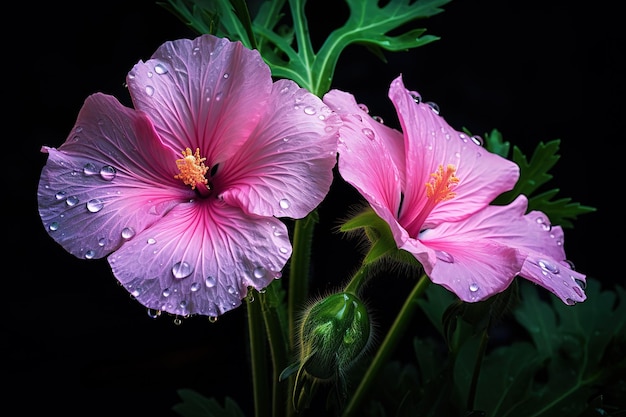 two pink flowers with water drops on them one of which is pink