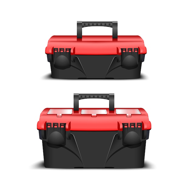 two plastic black tool box, red cap. Toolkit for builder or industrial store. Realistic box for tools