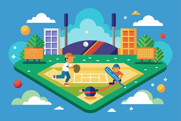 Vector two players engage in a baseball game as one prepares to hit a home run on a bright day home run customizable semi flat illustration