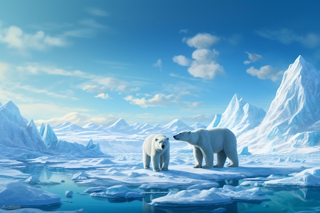 two polar bears are standing in an ice covered area with ice and ice