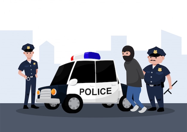 Two police officers arresting a criminal into a police car, flat cartoon style.