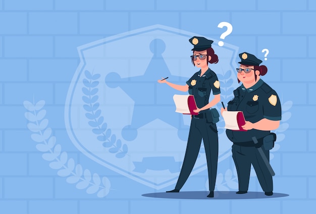 Vector two police women holding boxes with office staff fired wearing uniform female guards on blue bricks background