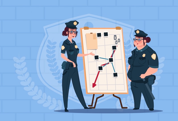 Two Police Women Planning Action On White Board Wearing Uniform Female Guards On Blue Bricks Background